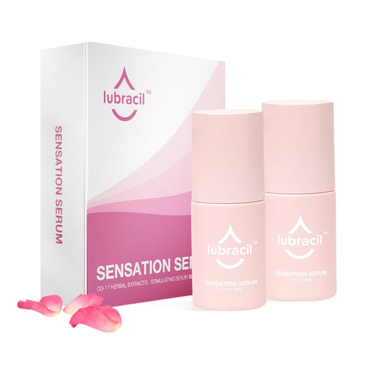 Lubracil Sensation Serum bottle close-up highlighting hydration and smooth skin.