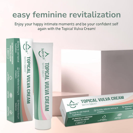 Lubracil topical vulva cream dispensing close-up shows fast-absorbing formula.