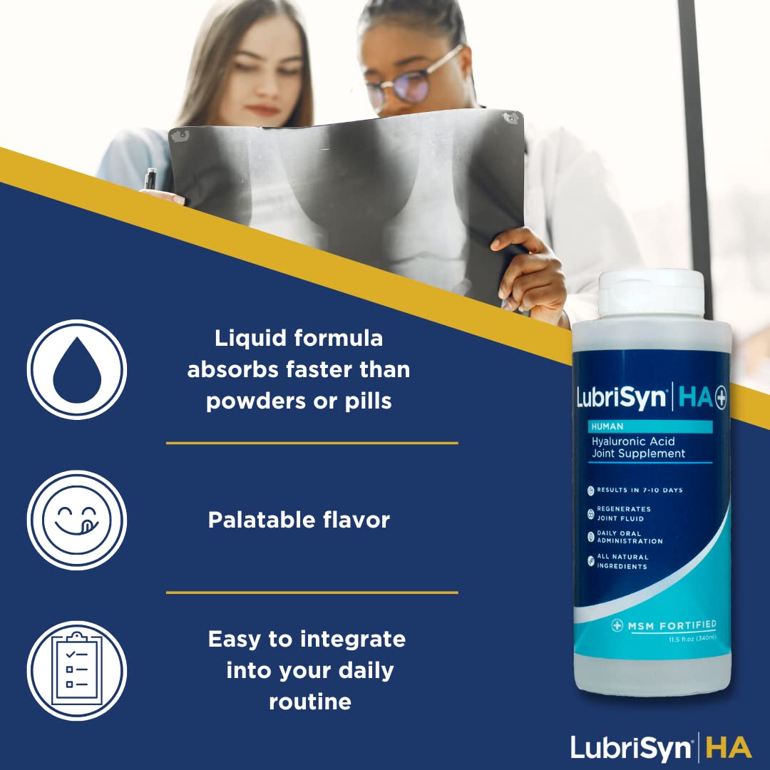 Three-bottle Lubrisyn HA pack on countertop for extended daily joint support.