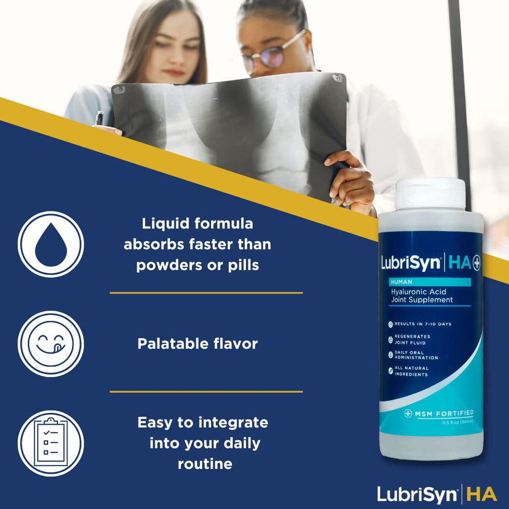 USA-made Lubrisyn HA with MSM label highlights vegan, gluten-free formula.