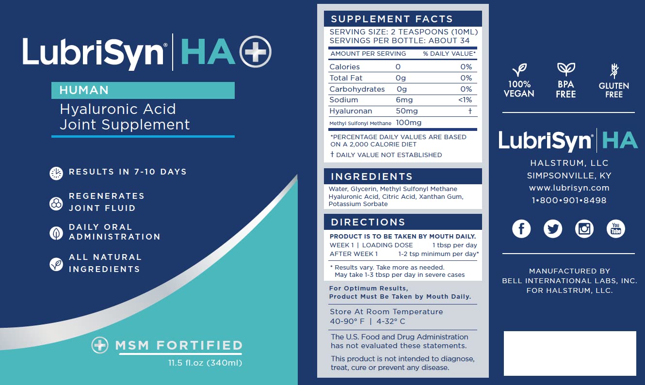 Close-up of Lubrisyn HA label highlighting MSM and high-molecular-weight formula.