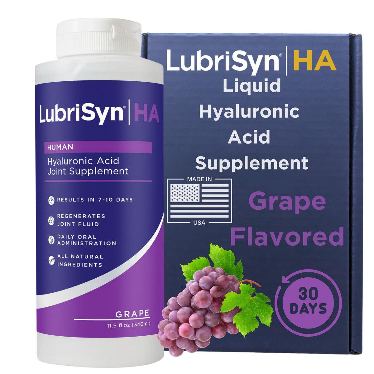 LubriSynHA grape-flavored bottle for daily joint support and hydration.