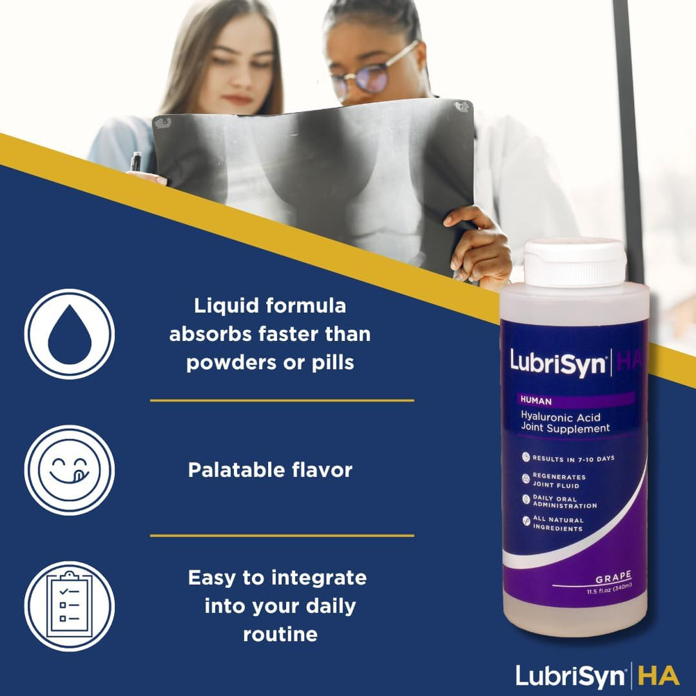 Bottle of LubriSynHA liquid hyaluronic acid supports mobility and cartilage health.