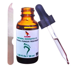 LucaED bottle closeup showing ozonated oil formula for nail care.
