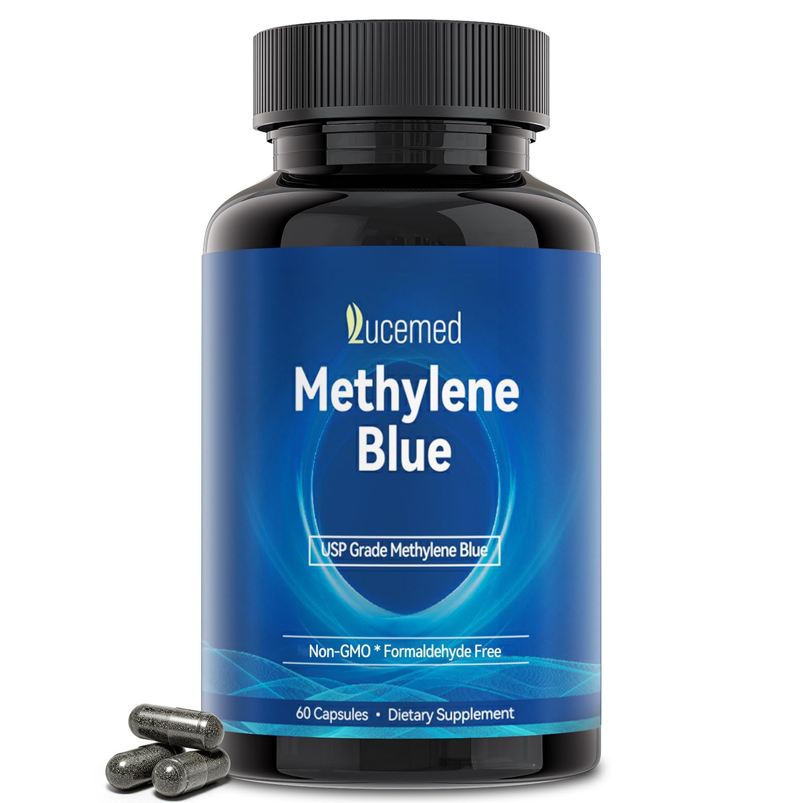 Lucemed Methylene Blue capsules in a bottle offer steady daily energy.