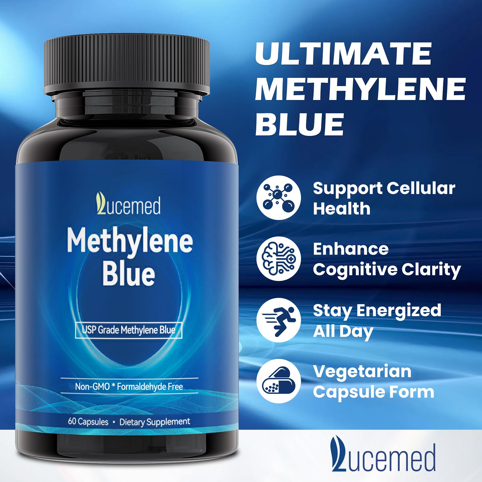 Lucemed UV-protective bottle preserves potency and freshness.
