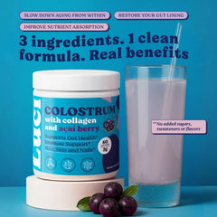 Luci Nutrition Colostrum Powder with acai highlights antioxidant-rich blend for overall wellness.
