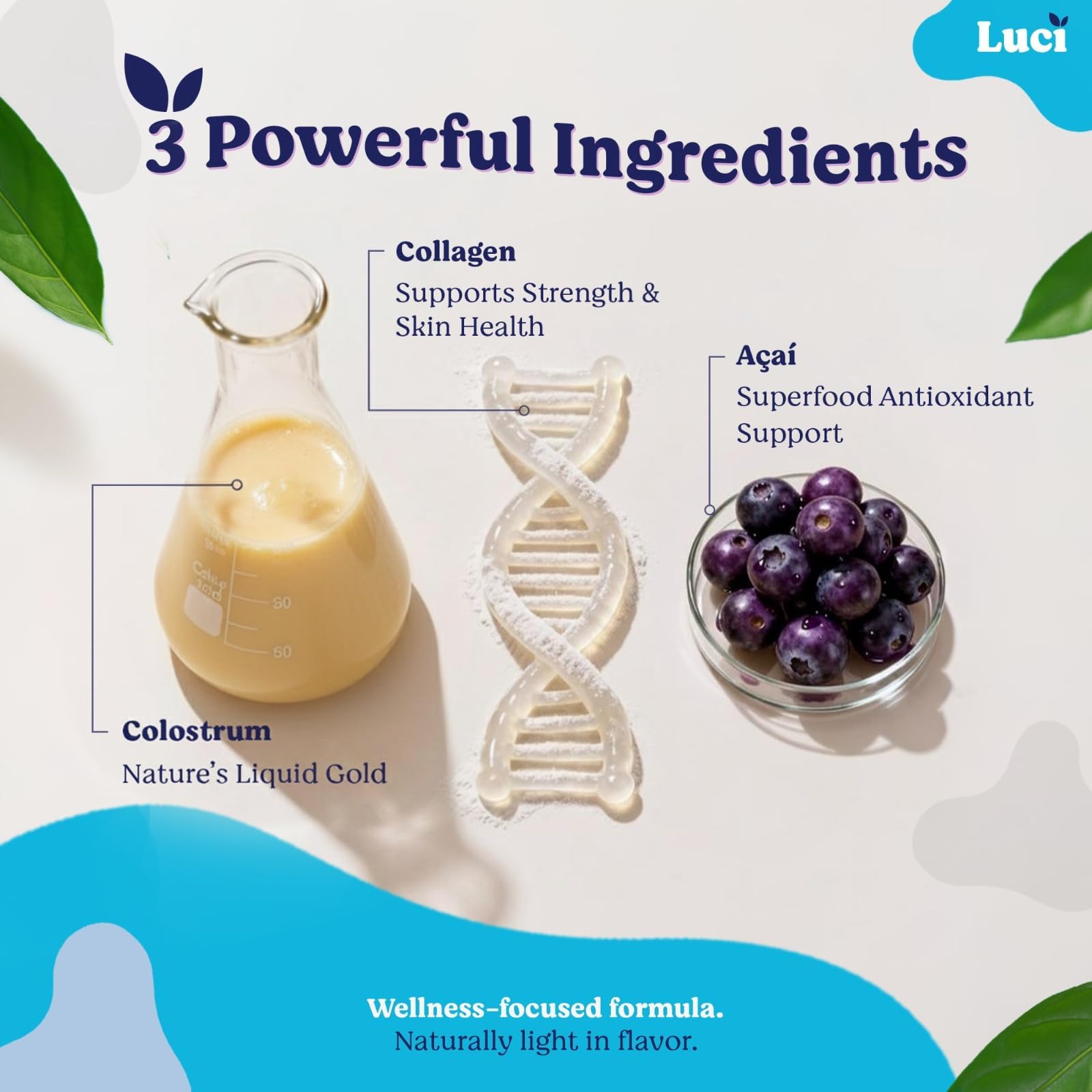 Luci Nutrition Colostrum Powder with collagen peptides emphasizes skin, hair, and nails health.