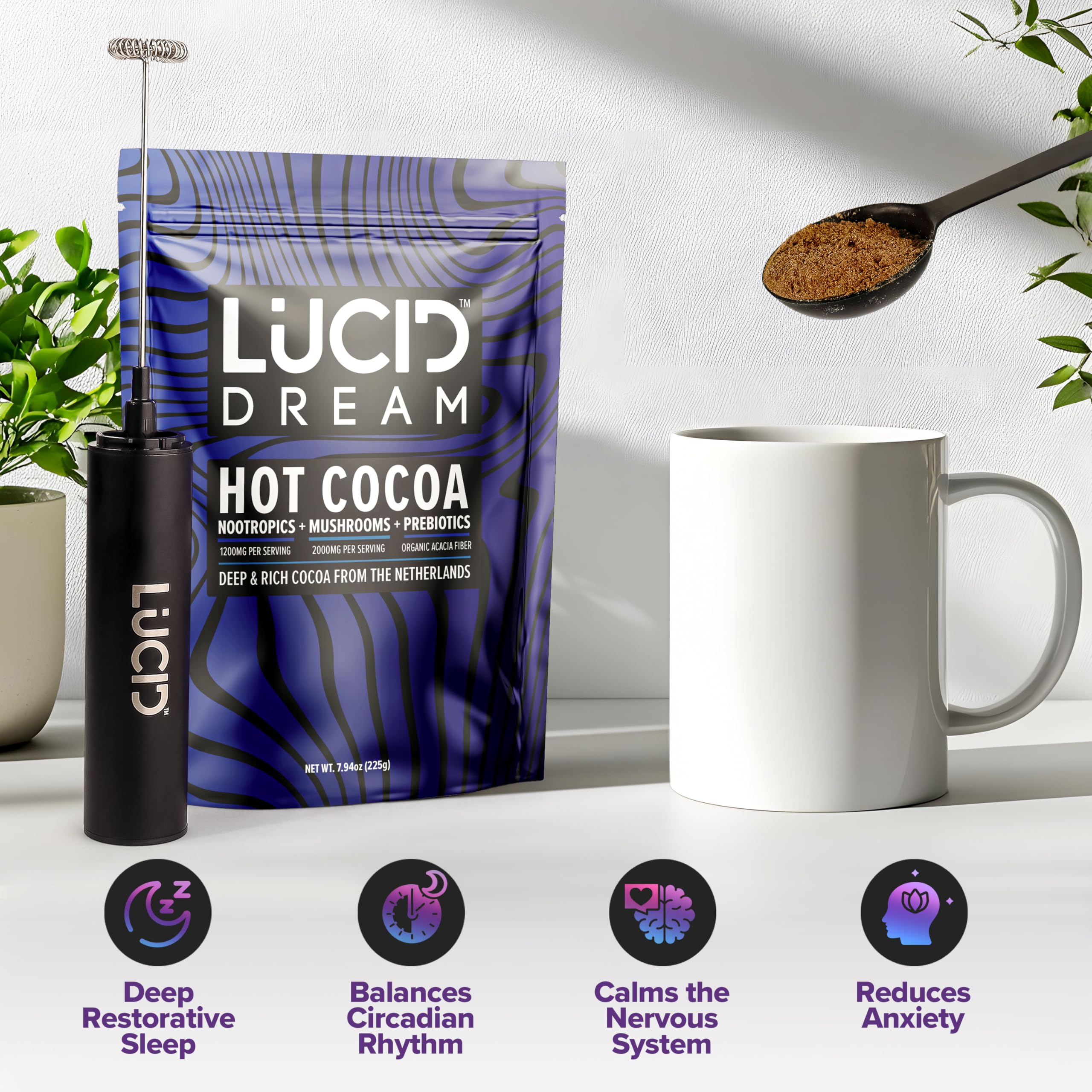 Lucid Dream Mushroom Hot Cocoa at dusk, creating a calm nighttime mood
