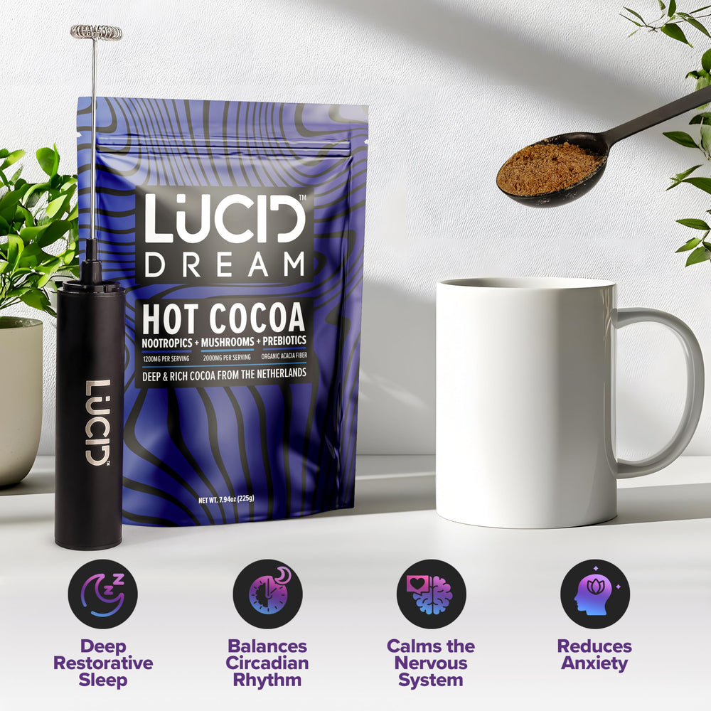 Lucid Dream Mushroom Hot Cocoa at dusk, creating a calm nighttime mood