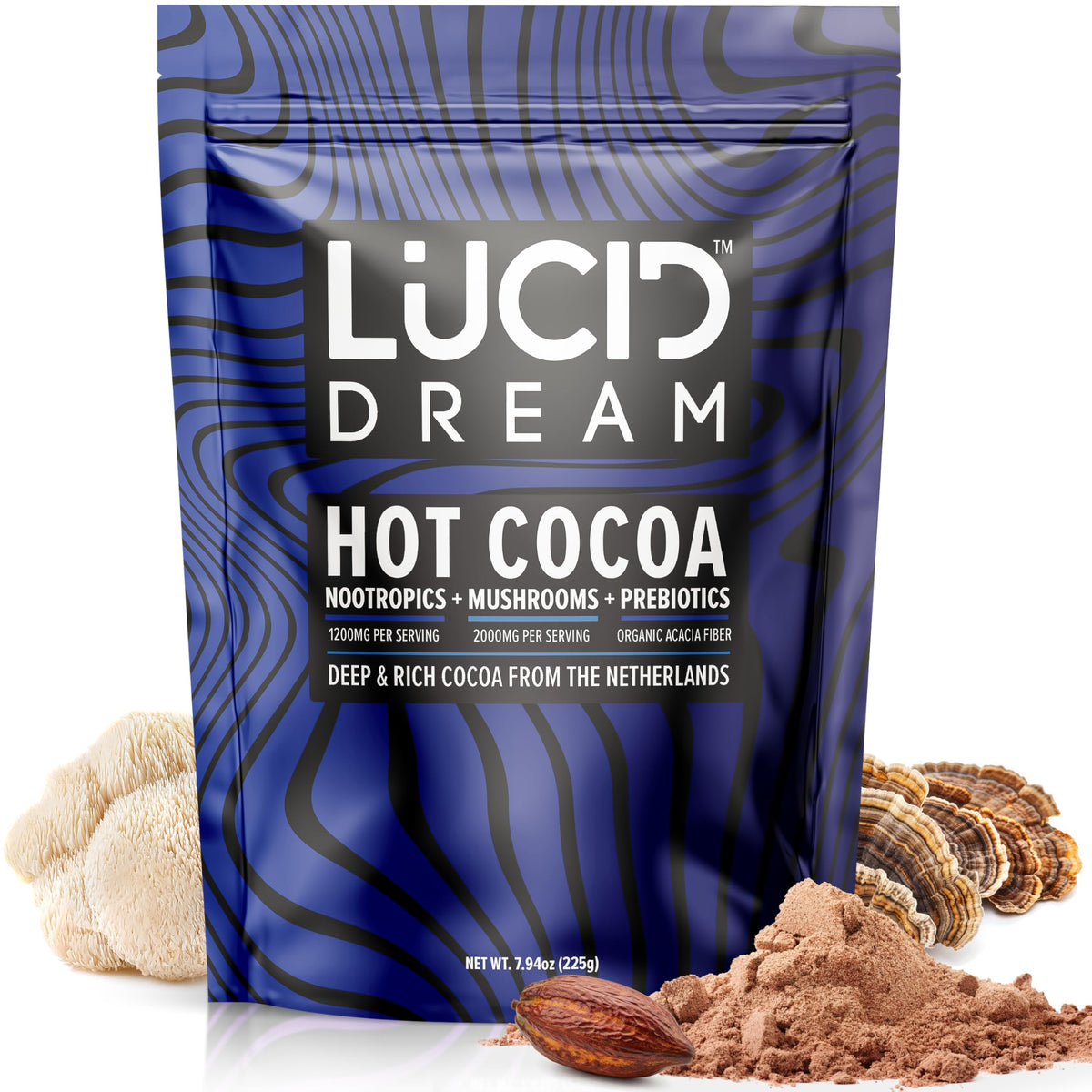 Lucid Dream Mushroom Hot Cocoa jar closeup showing premium blend for nighttime calm