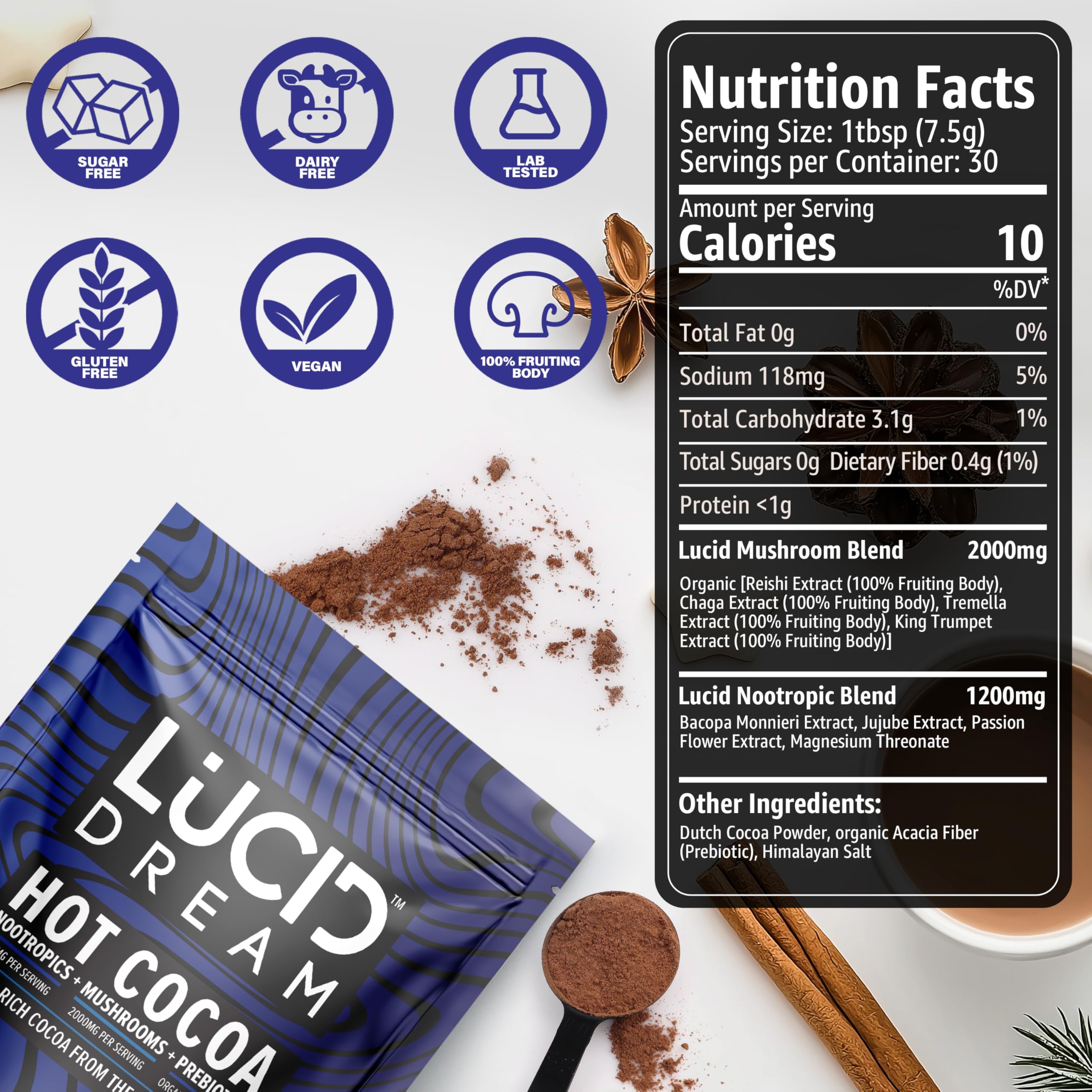 Lucid Dream Mushroom Hot Cocoa beside a quiet relaxation routine setup