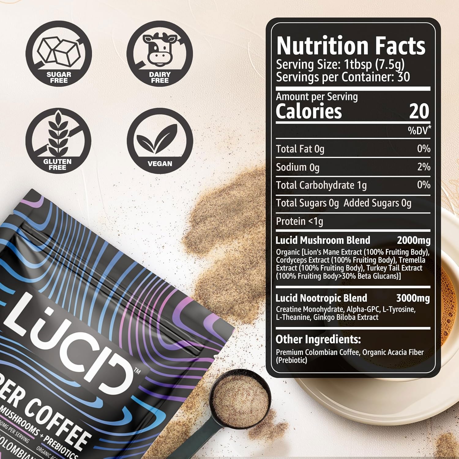 Brewing steam from Lucid coffee cup signaling fast, convenient mix.