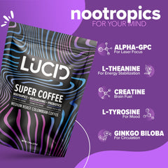 Steaming cup of Lucid coffee with rich aroma and flavor.