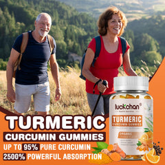 LUCKCHAN Ginger turmeric gummies in hand showing convenient vegan supplement.