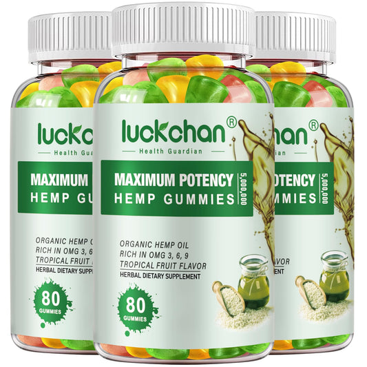 Luckchan hemp gummies bottle display promoting easy daily use