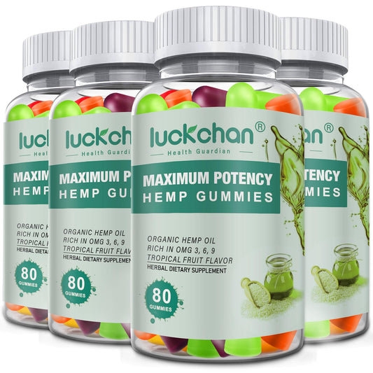 LUCKCHAN hemp gummies front bottle shows premium packaging and potent formula for calm evenings