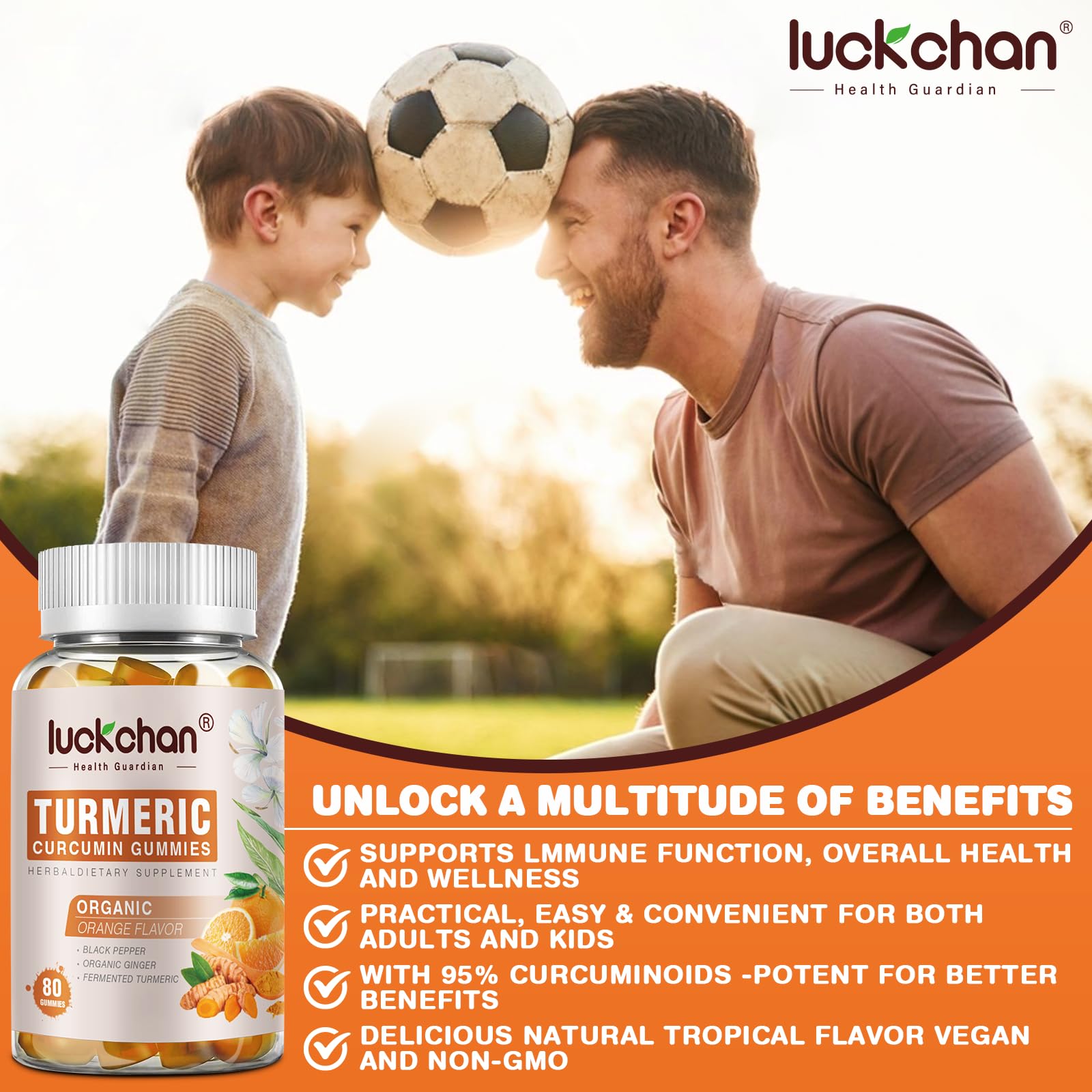 LUCKCHAN Kids-friendly turmeric ginger gummies in a colorful bottle.