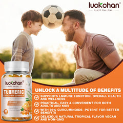 LUCKCHAN Kids-friendly turmeric ginger gummies in a colorful bottle.