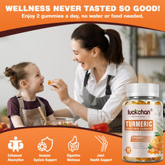 LUCKCHAN Non-GMO, vegan turmeric ginger gummies in pack showing health-conscious choice.