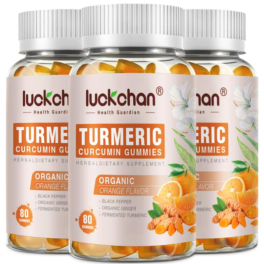 LUCKCHAN Turmeric Curcumin Gummies orange bottle for daily wellness and flavor.