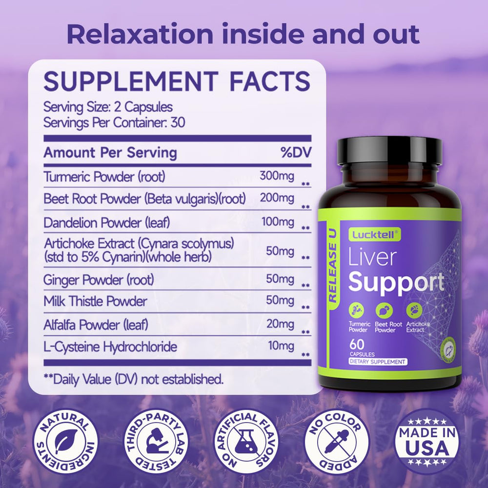 LuckTell Liver Support label detail emphasizes USA-made quality and purity.