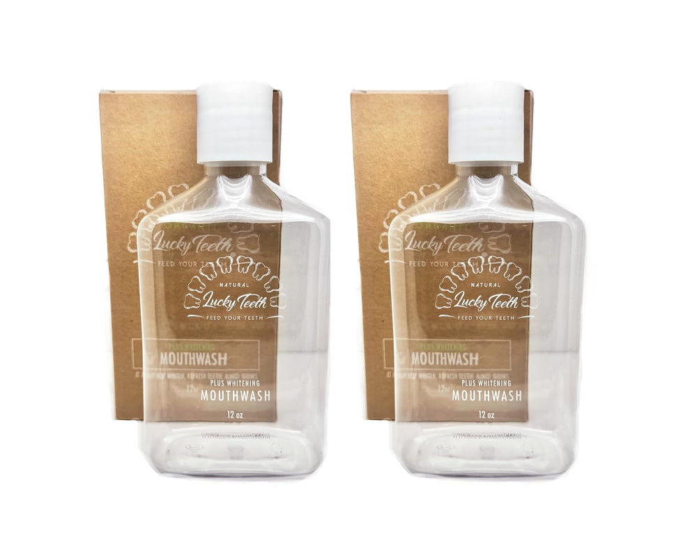 Lucky Teeth organic mouthwash bottle pour showcases a refreshing minty flavor for daily use.