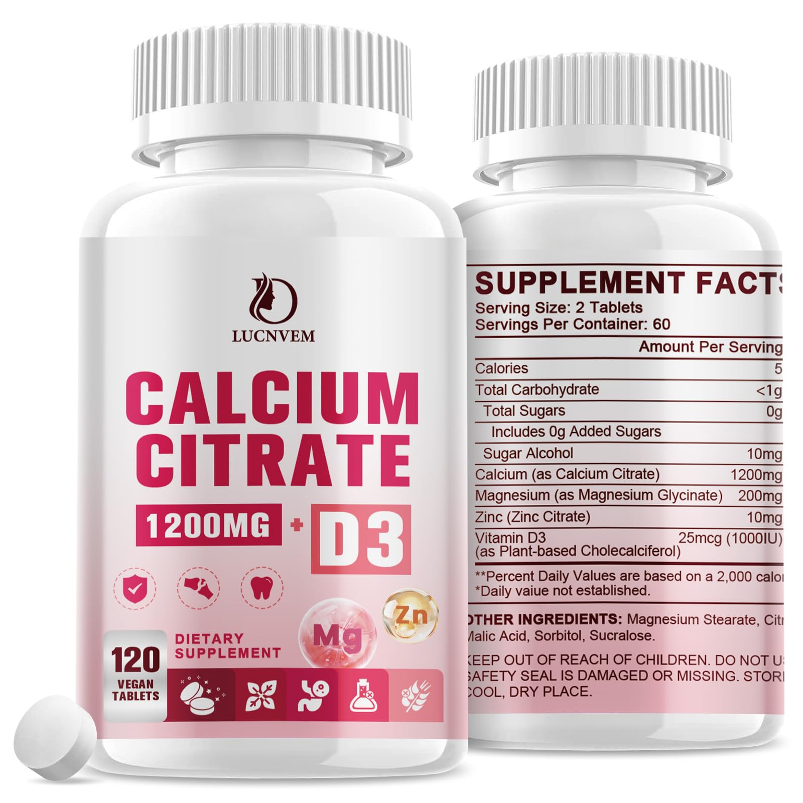 LUCNVEM calcium citrate 1200mg bottle packshot for convenient daily support.