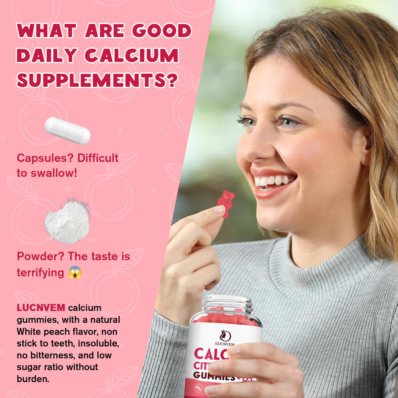 LUCNVEM peach-flavored gummies close-up showcases tasty daily calcium support.