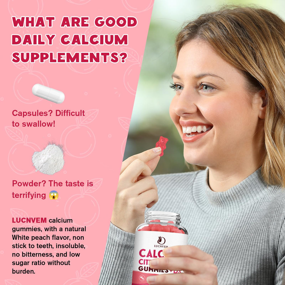 LUCNVEM peach-flavored gummies close-up showcases tasty daily calcium support.