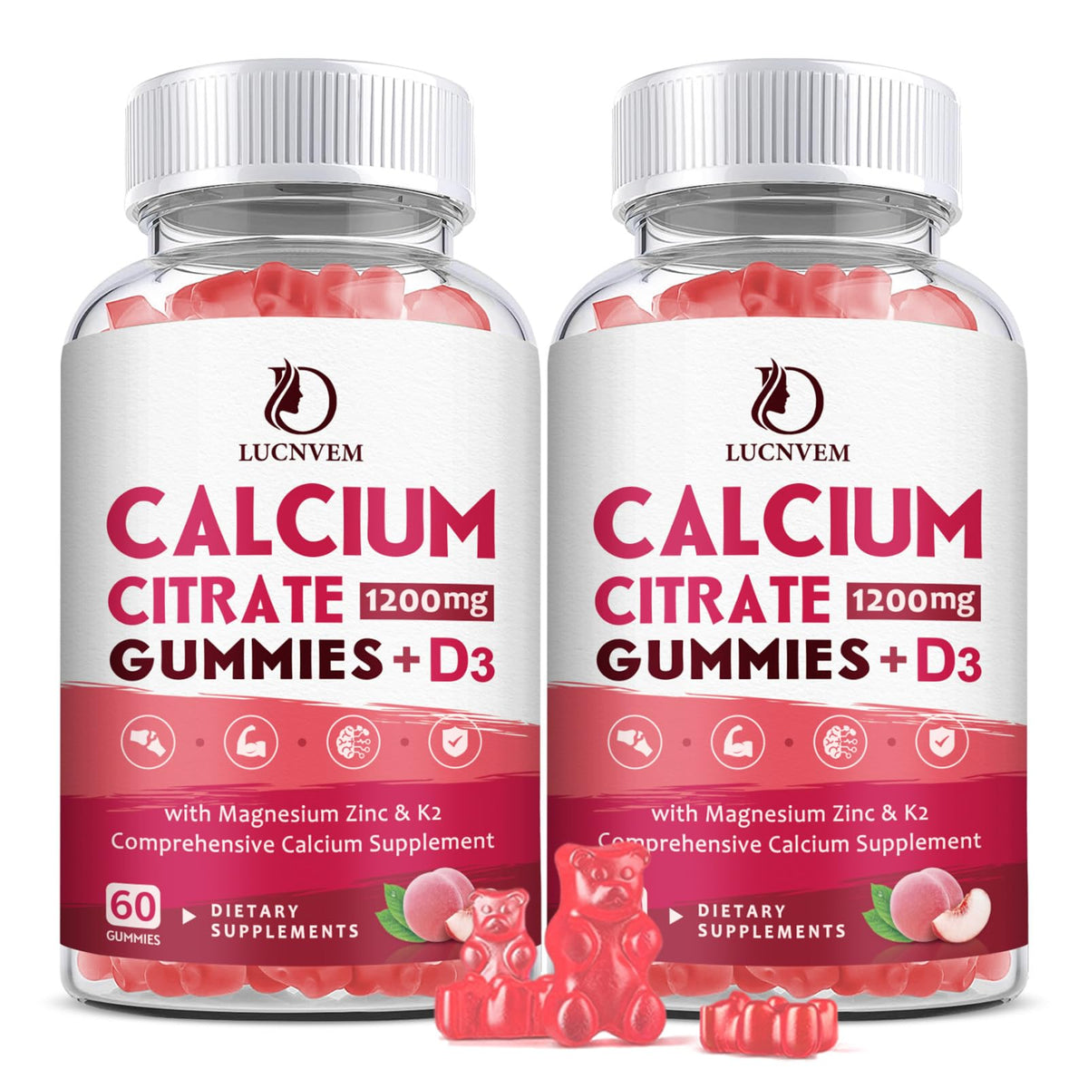LUCNVEM calcium citrate 1200mg peach gummies front bottle for convenient daily calcium support.