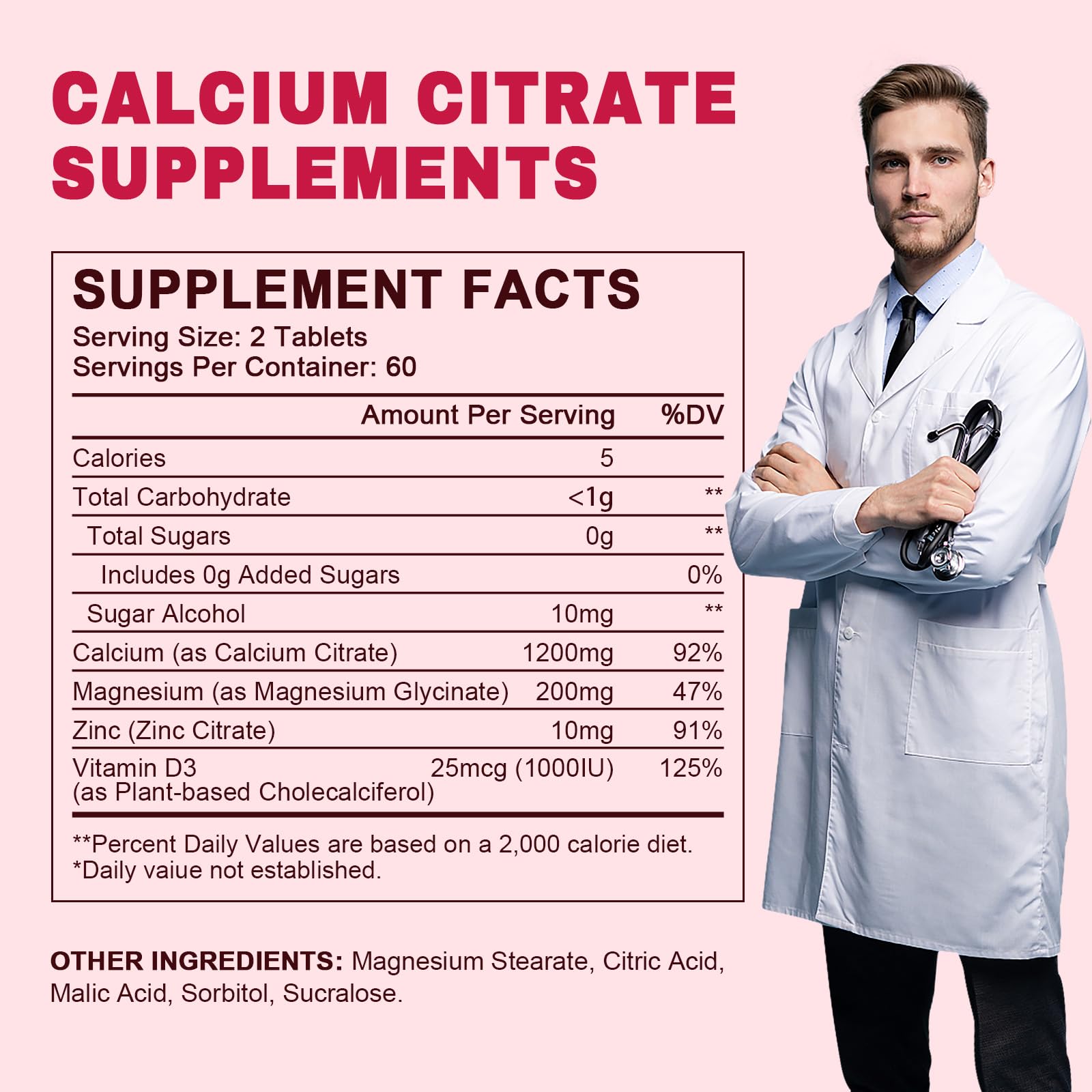Graphic of LUCNVEM calcium citrate easy-swallow tablets for daily intake.