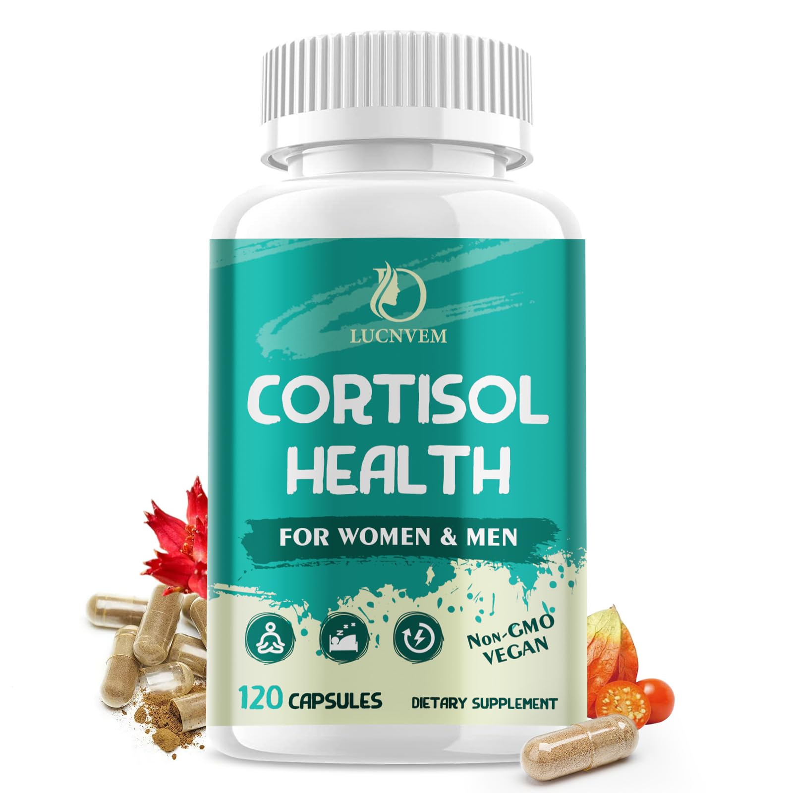 LUCNVEM Cortisol Supplement bottle front view shows vegan formula for daily stress support.