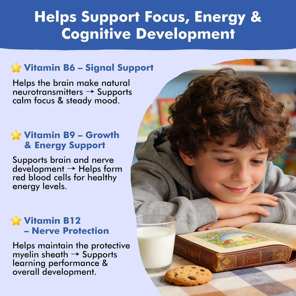 Bottle label highlights calcium citrate and B vitamins for focus