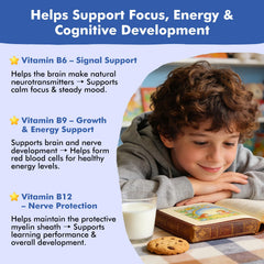 Bottle label highlights calcium citrate and B vitamins for focus