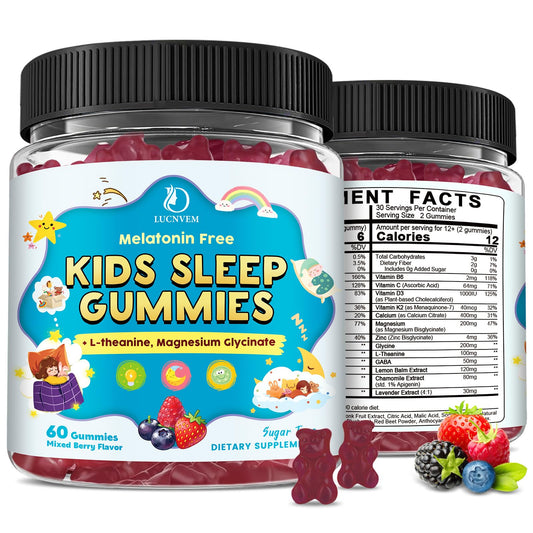 LUCNVEM Kids Sleep Gummies bottle shows melatonin-free sleep support for bedtime routines.
