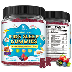 LUCNVEM Kids Sleep Gummies bottle shows melatonin-free sleep support for bedtime routines.