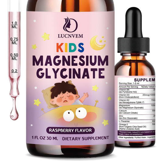 LUCNVEM magnesium glycinate drops bottle with dropper for kid-friendly bedtime support.