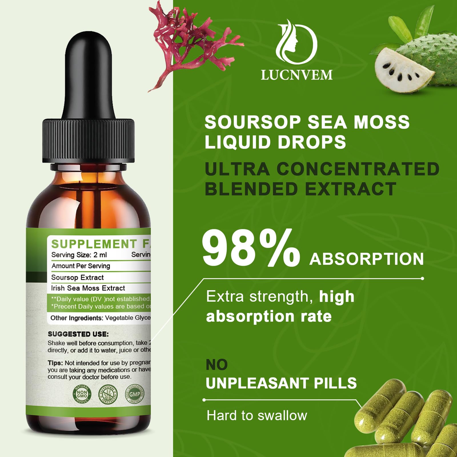 LUCNVEM Soursop Sea Moss liquid drops pour shows easy dosing and taste.