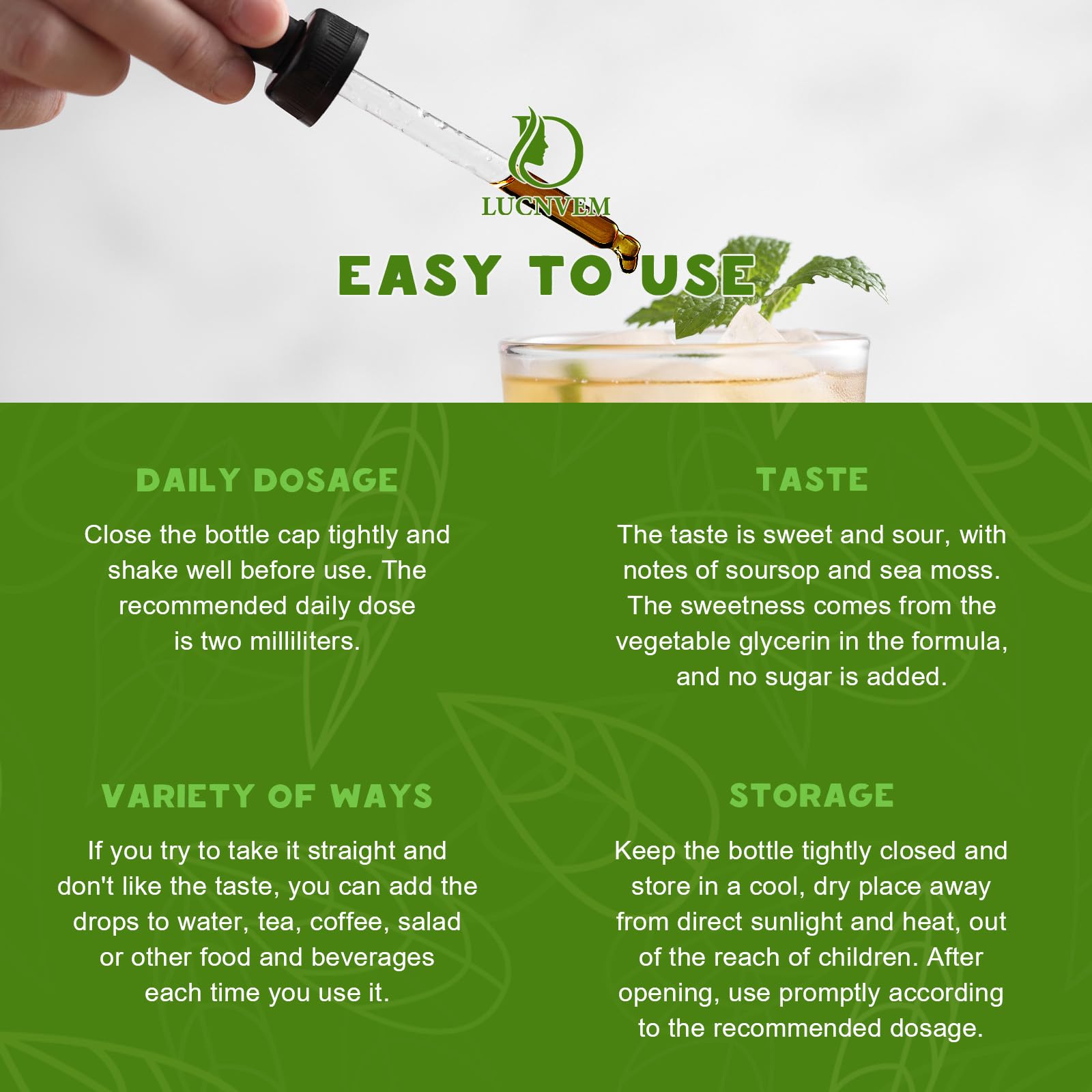 LUCNVEM Soursop Sea Moss drops use-ready bottle for everyday routines.