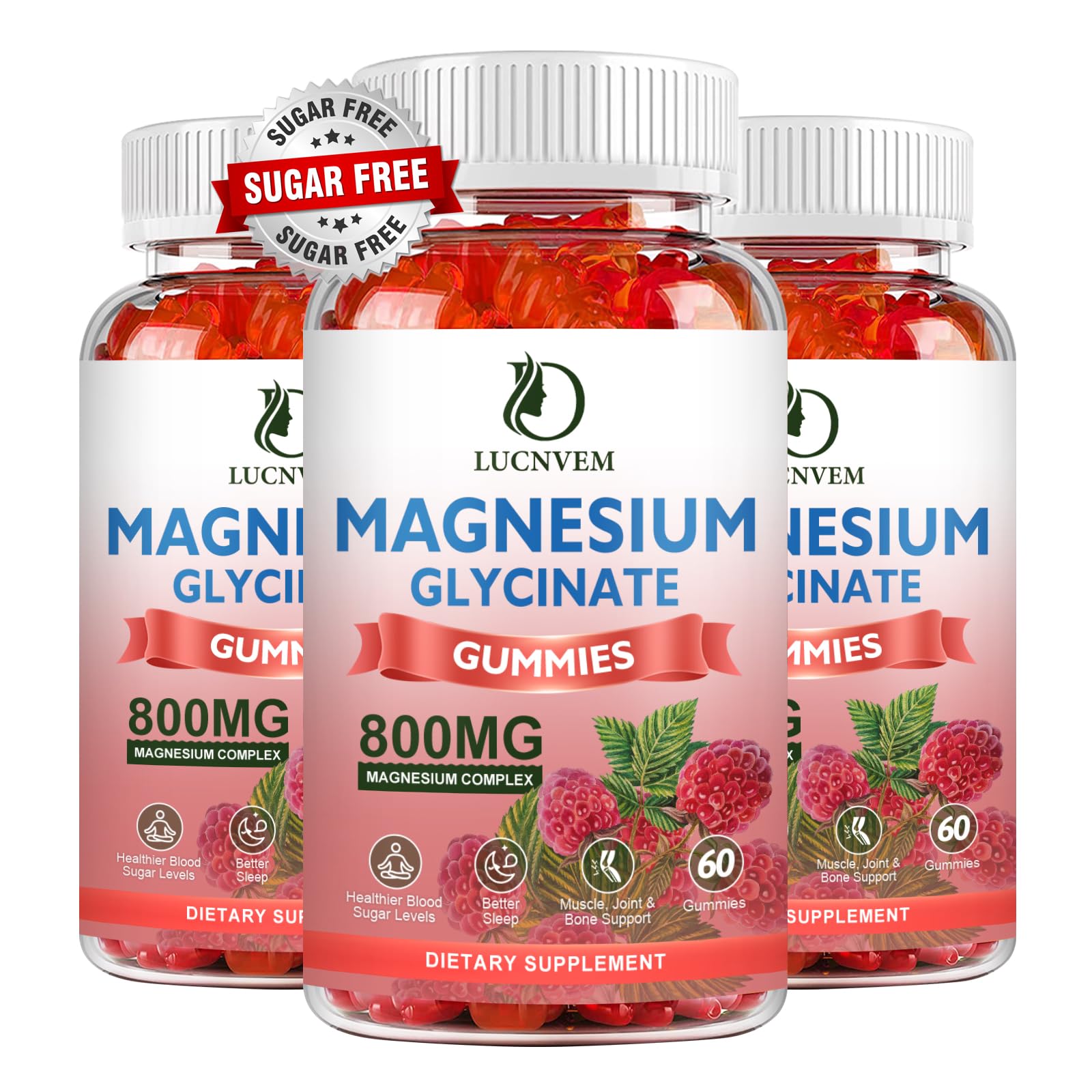 LUCNVEM sugar-free magnesium gummies bottle closeup highlighting convenient chewable wellness.