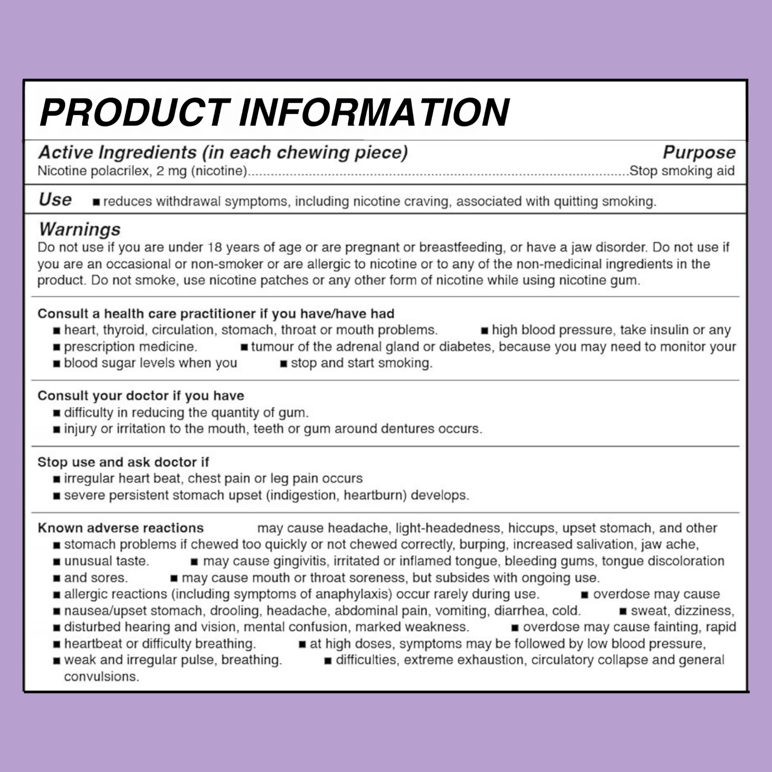 Lucy Nicotine Gum 2mg Berry Citrus back-of-pack with dosage and info