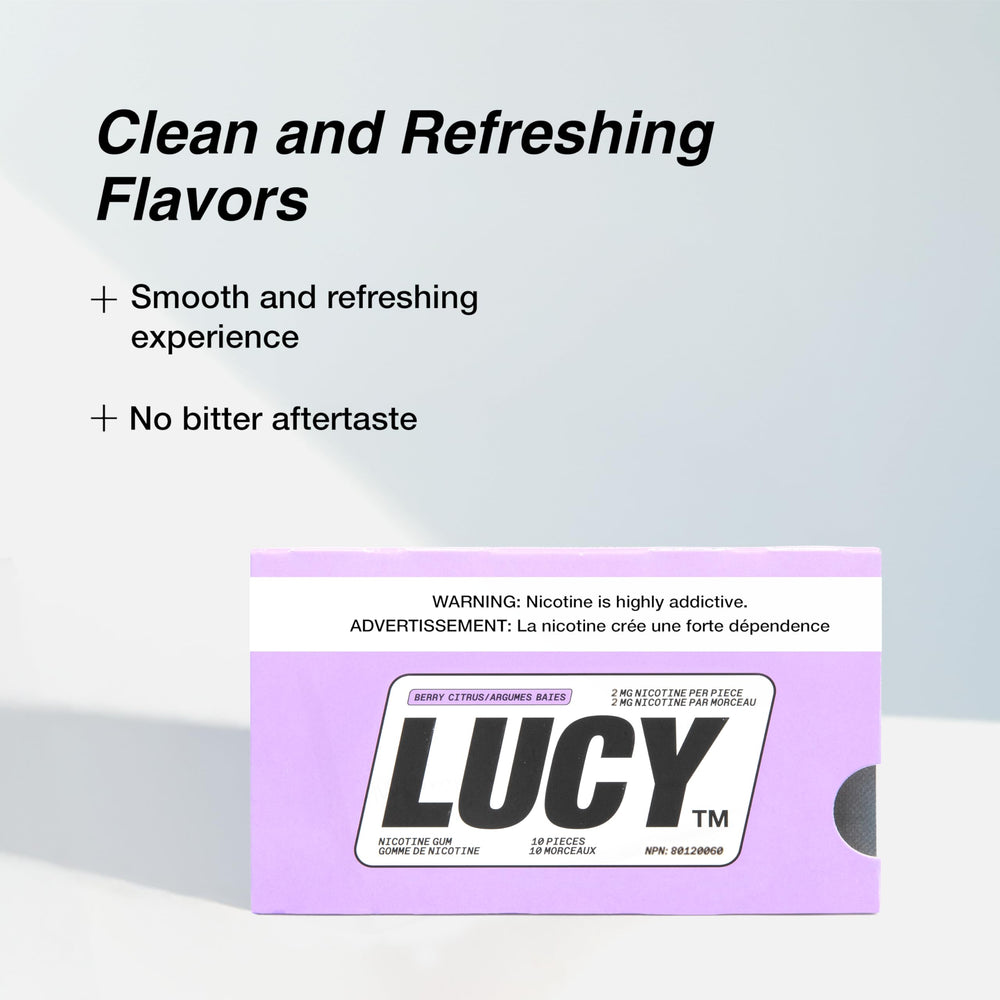 Lucy Nicotine Gum 2mg Berry Citrus blister pack emphasizing portability for cravings