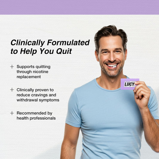 Lucy Nicotine Gum 2mg Berry Citrus gum piece closeup highlighting flavor and texture