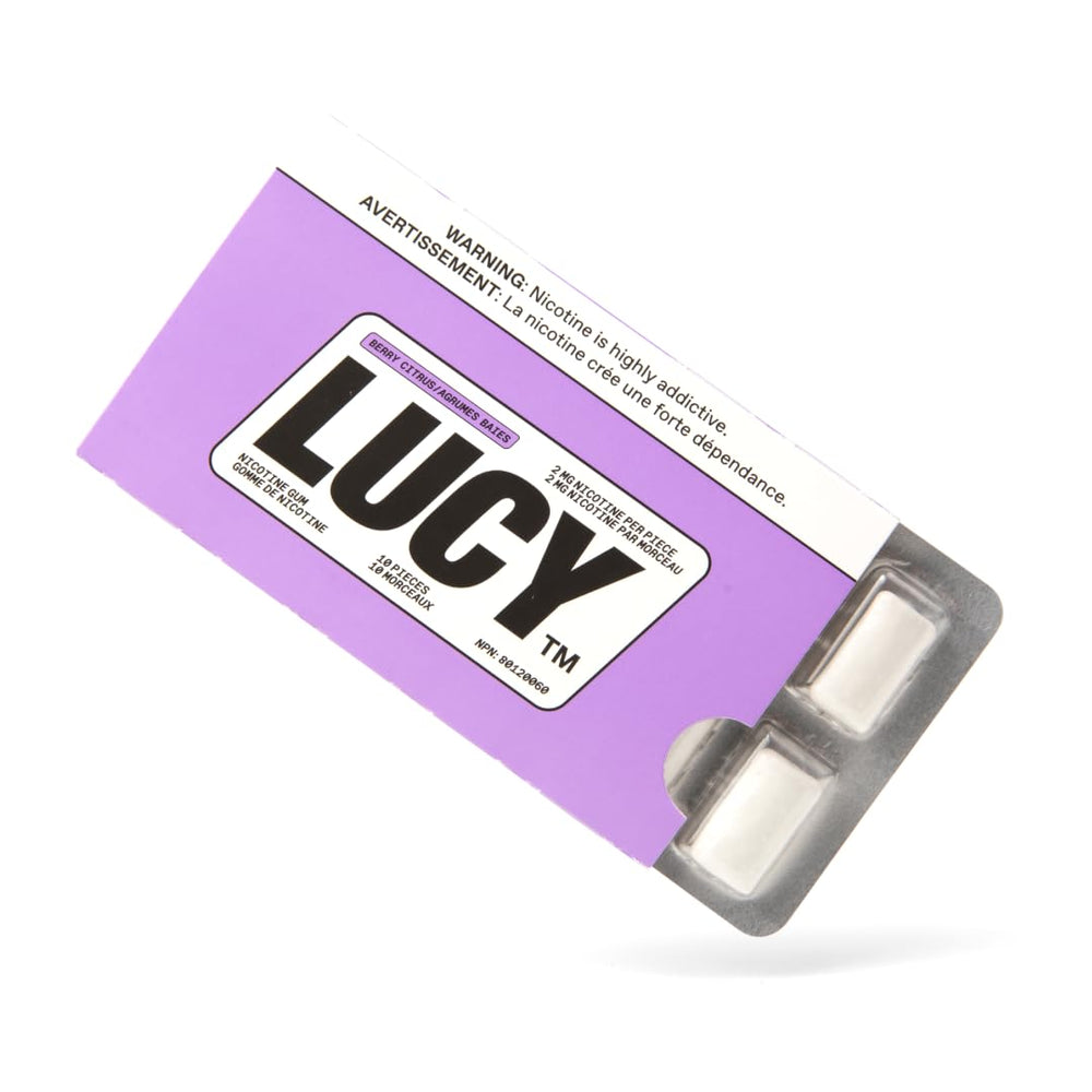 Lucy Nicotine Gum 2mg Berry Citrus pack-front showing convenient quit-support
