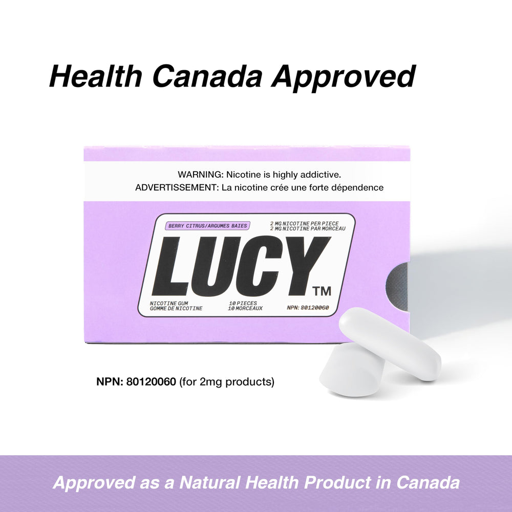Lucy Nicotine Gum 2mg Berry Citrus product illustration with branding