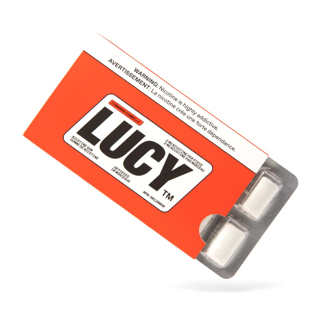 Lucy Nicotine Gum 2mg Cinnamon packaging, convenient NRT for cravings management.