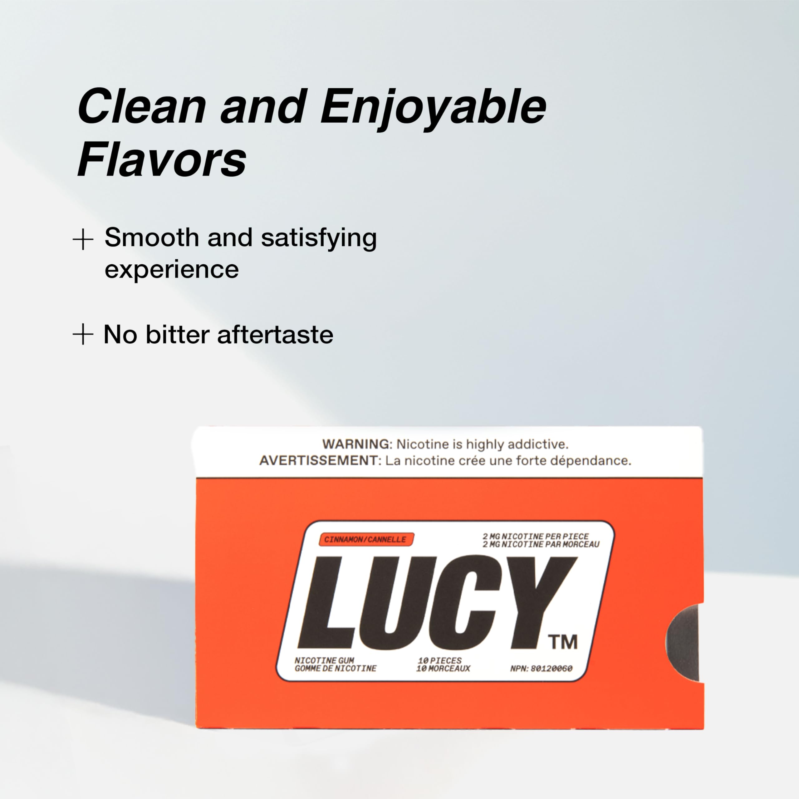 Lucy Nicotine Gum 2mg Cinnamon texture close-up, smooth cinnamon flavor cue.