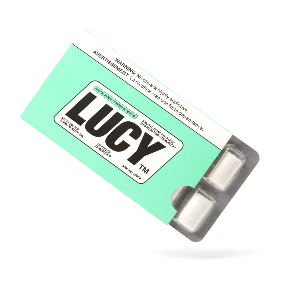 LUCY nicotine gum 2mg mint blister pack for discreet craving support on the go.