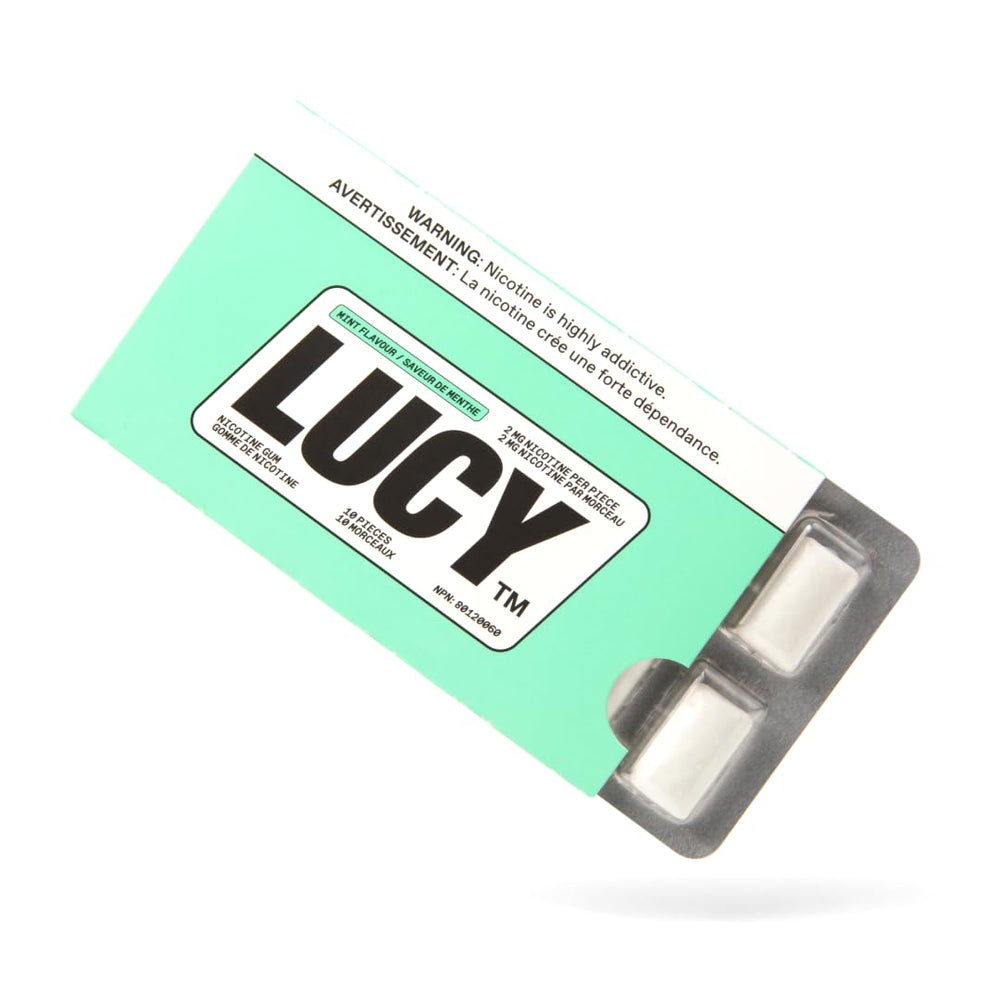 LUCY nicotine gum 2mg mint blister pack for discreet craving support on the go.